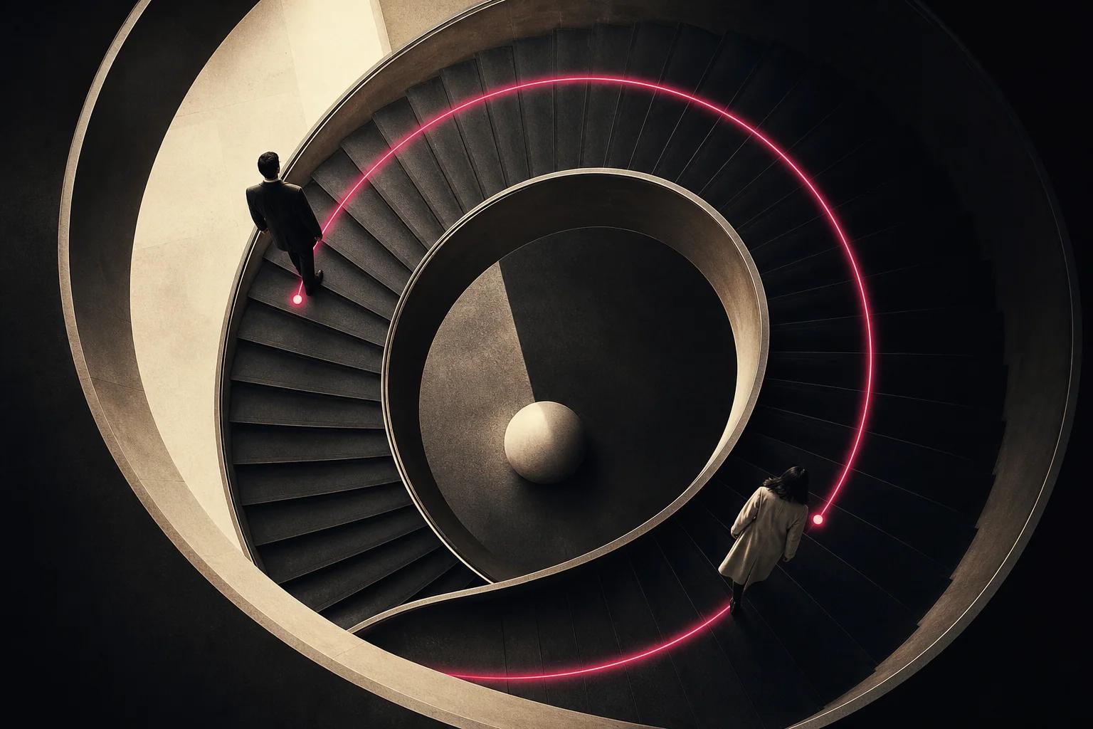Two people moving apart on opposite sides of a circular staircase traced by pink light