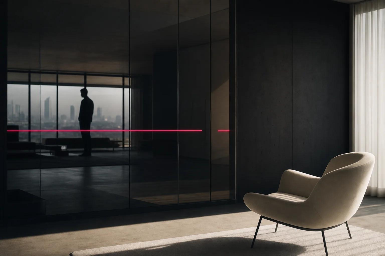 An empty cream chair separated from a distant silhouette by a dark glass wall
