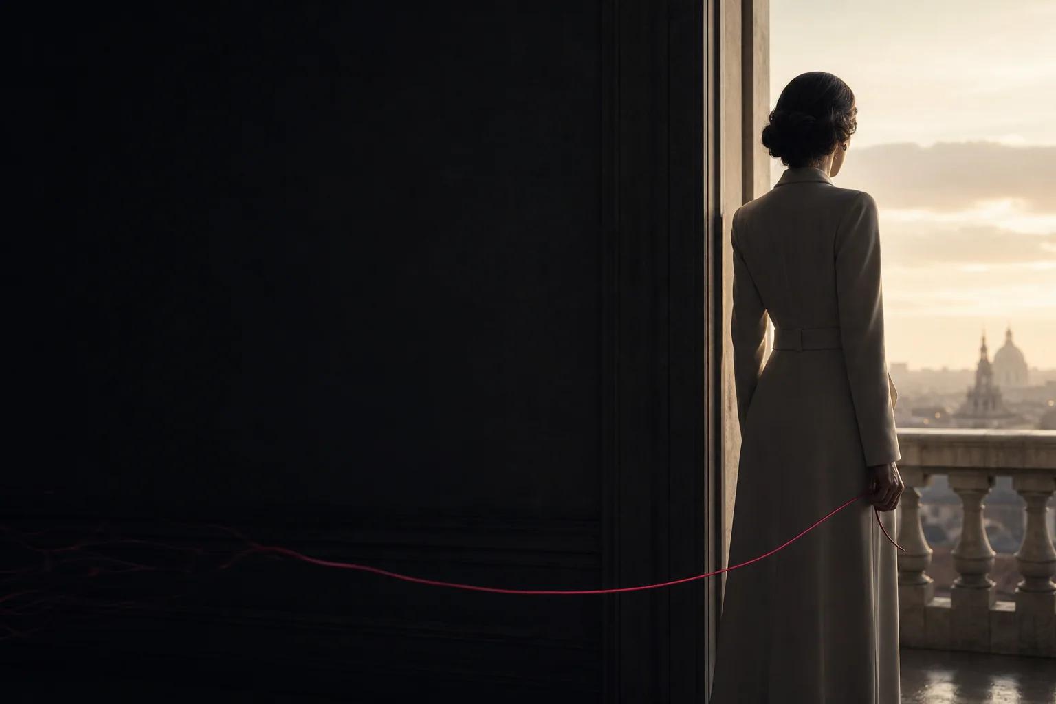 A poised woman stepping from a dark interior into dawn light while releasing a pink thread