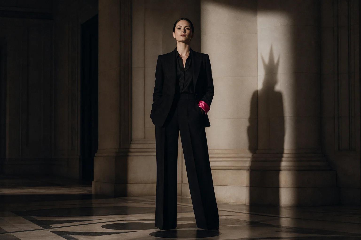 A self-possessed woman in a black tailored suit casting a crown-shaped shadow