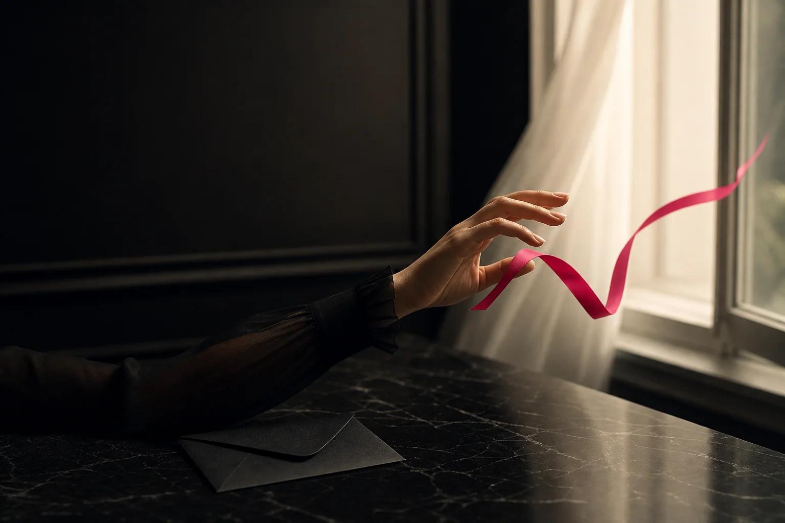 An elegant hand releasing a pink ribbon beside a closed black envelope