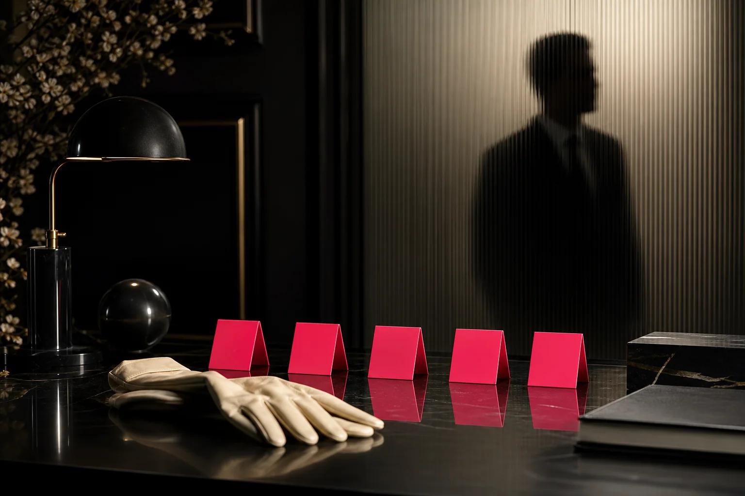 Five pink evidence markers arranged on a black desk before a distant silhouette