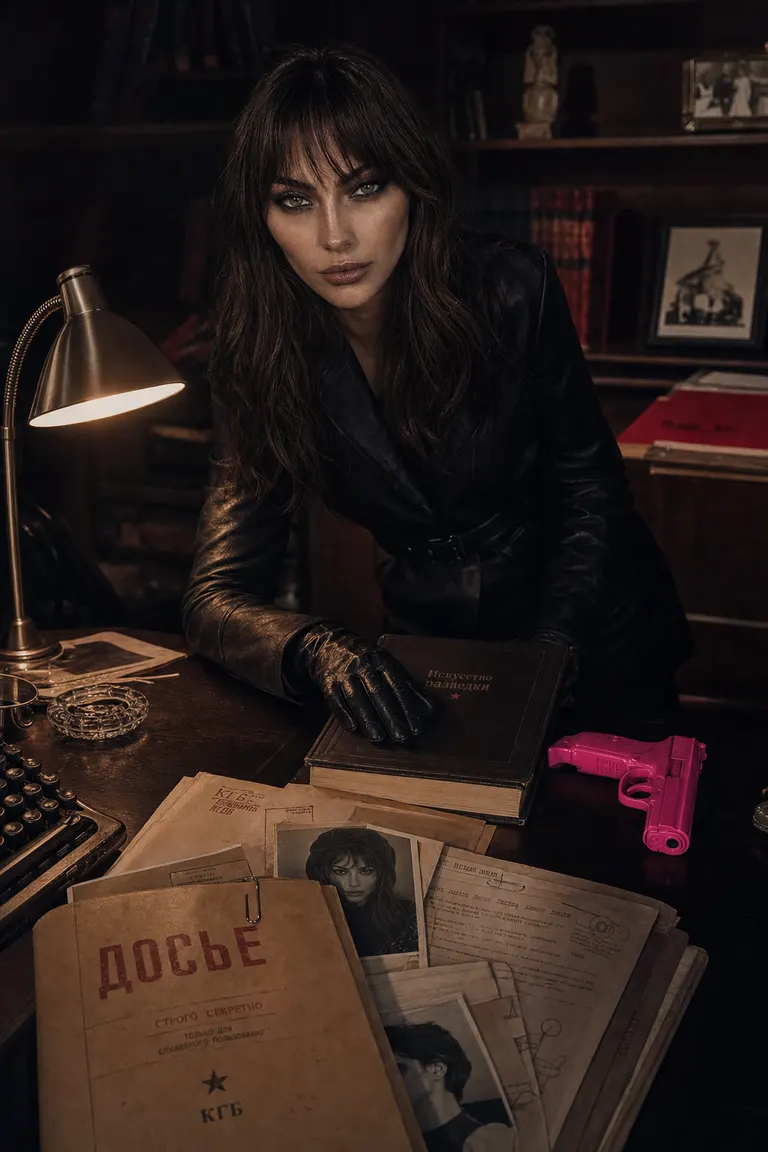 The Slavic Doll leaning on a hardcover field manual with a film-prop pistol